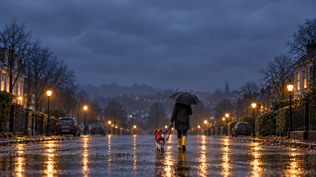Owner and dog in a red coat walking down a rainy street at dusk