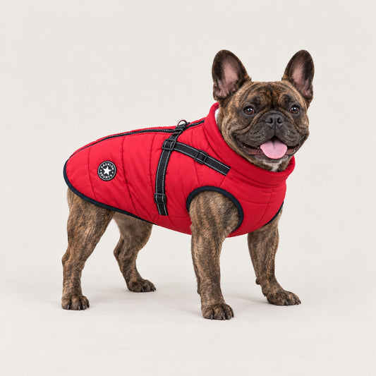 French Bulldog wearing The Puddle Coat in Red