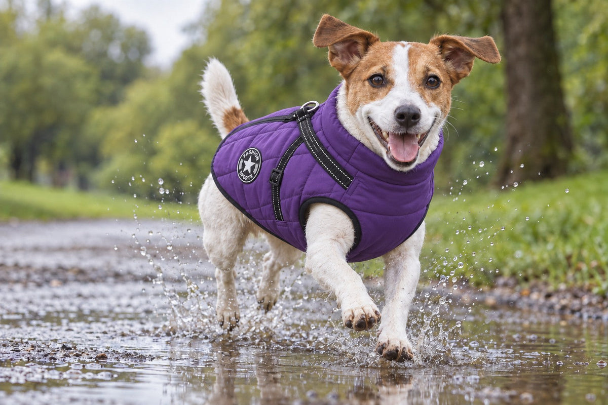 Jack Russell in a purple Puddle Coat splashing through a puddle in the park