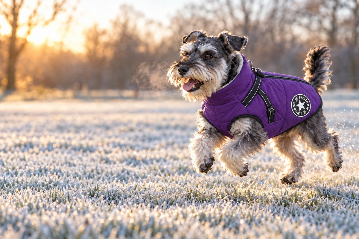Schnauzer in a purple Puddle Coat running across frosty grass at sunrise