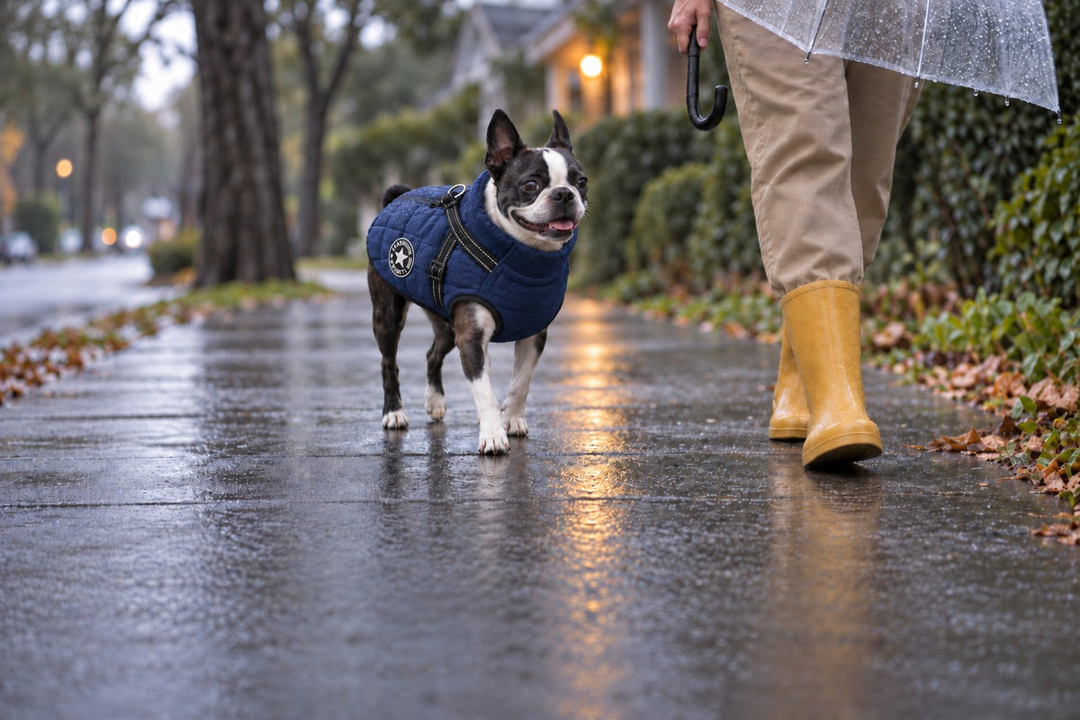 Boston Terrier in a navy Puddle Coat walking on a rainy sidewalk next to its owner