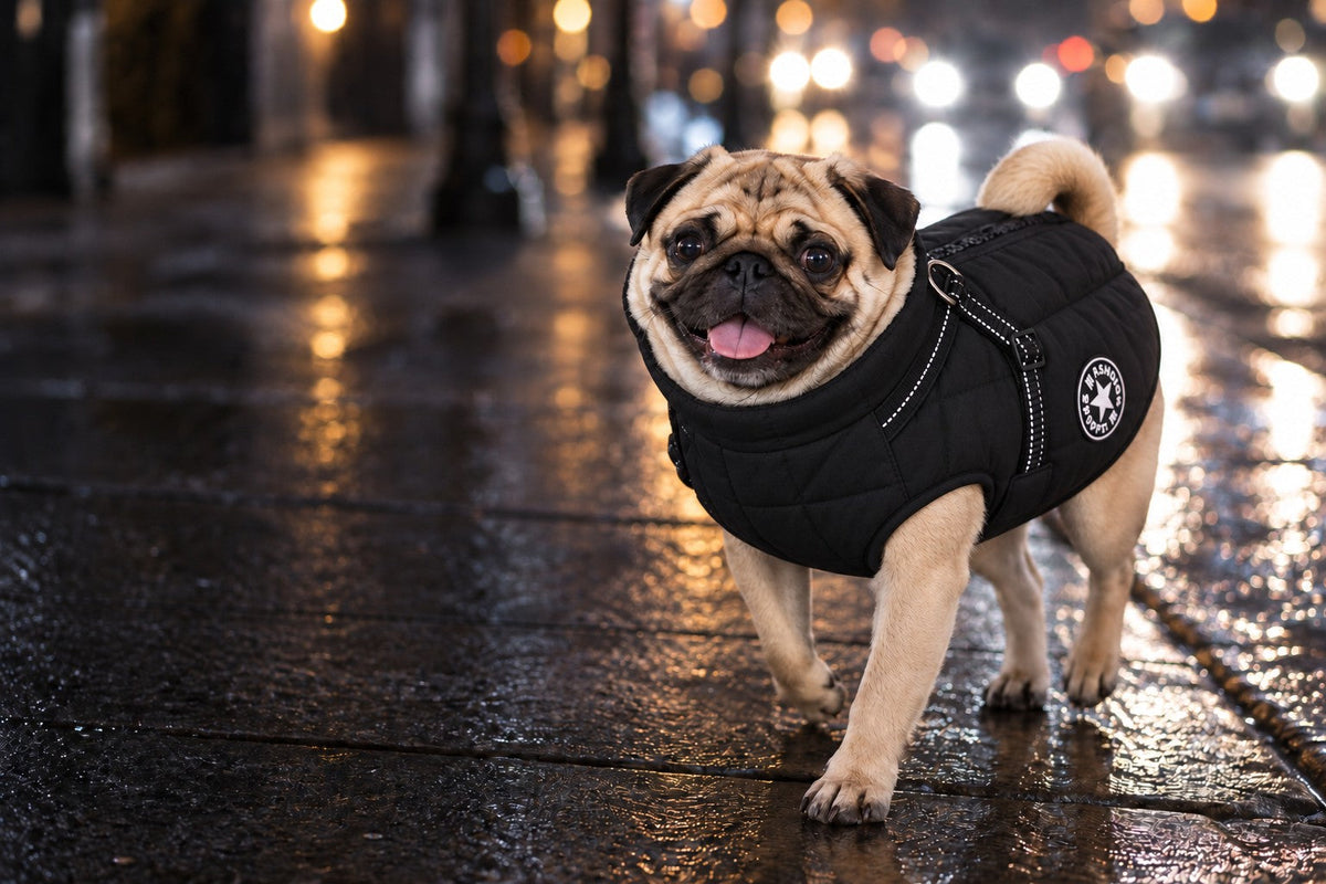 Pug in a black Puddle Coat walking on a wet city street at night
