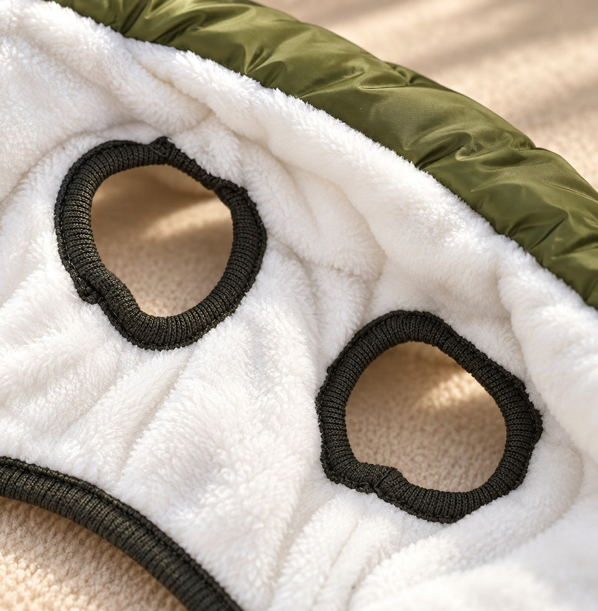 Close-up of the plush fleece lining and knit leg cuffs inside the Puddle Coat