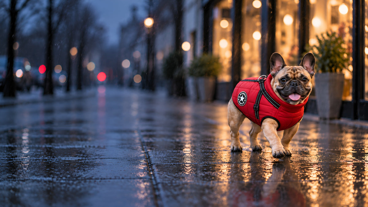 French Bulldog in a red Puddle Coat on a wet city sidewalk at blue hour