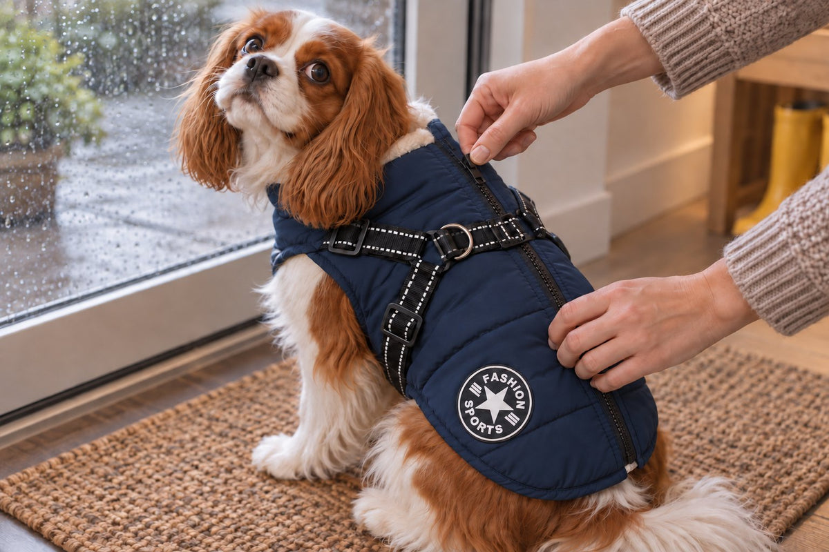 Zipping up a navy Puddle Coat on a Cavalier King Charles Spaniel