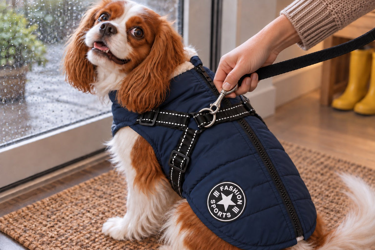 Clipping the leash onto the ring on the back of the coat