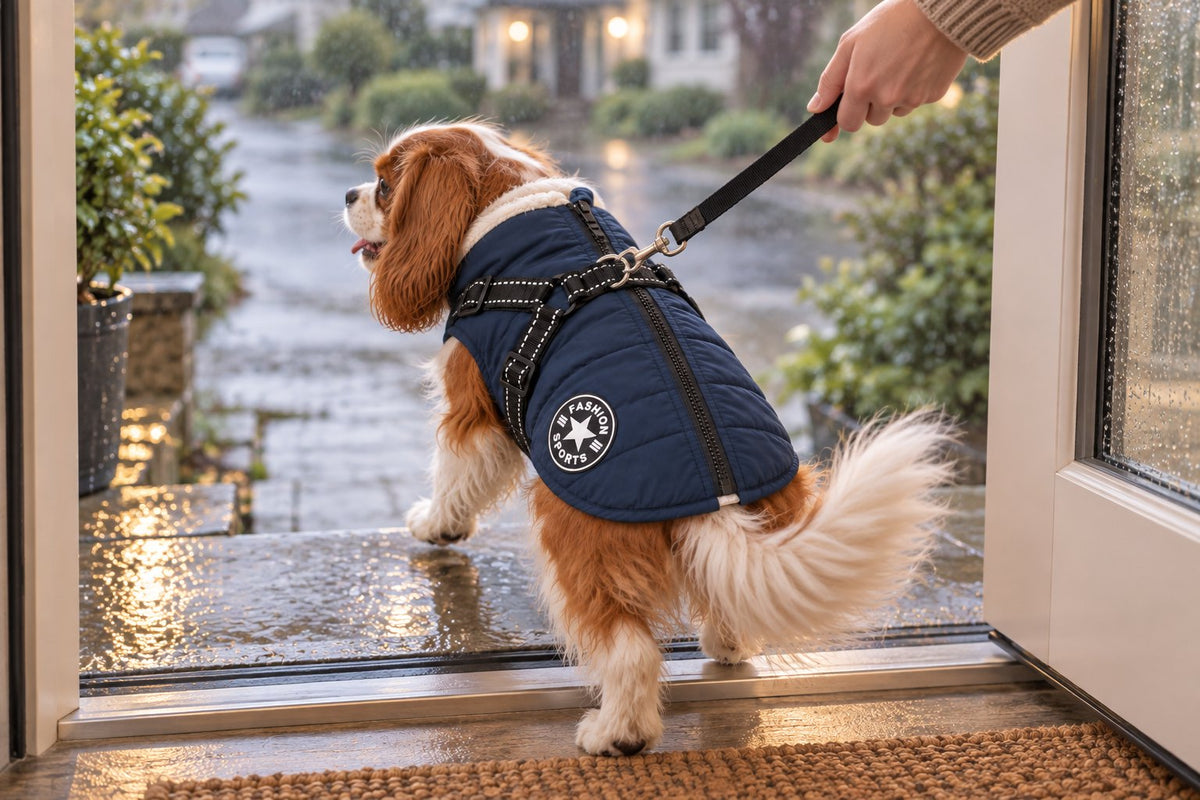 Cavalier in a navy coat stepping out into the drizzle